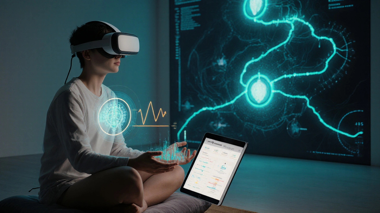 Meditující osoba s VR headsetem a tabletovým biofeedback aplikací ukazujícím data.