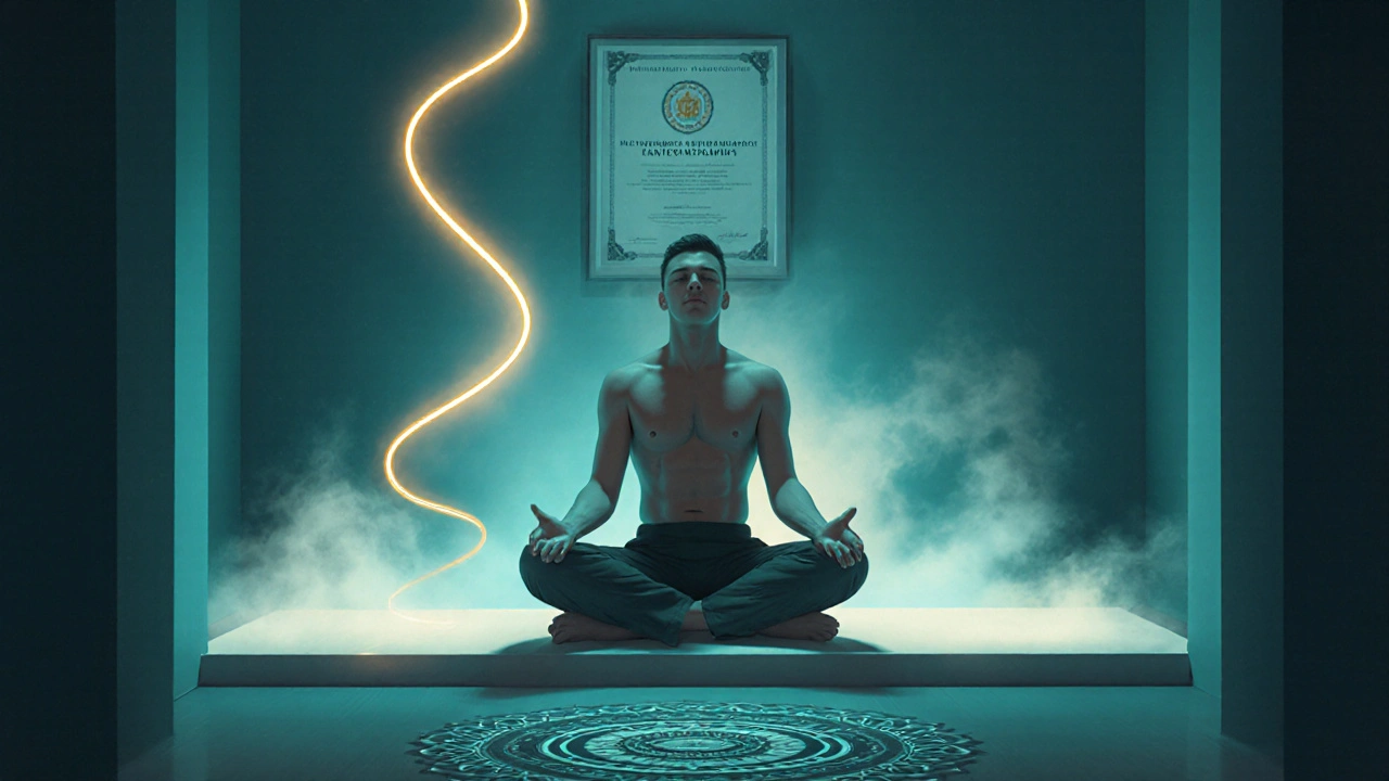 Muž po lingam masáži v relaxačním prostředí, obklopený certifikátem a vyzařující jemnou energií.