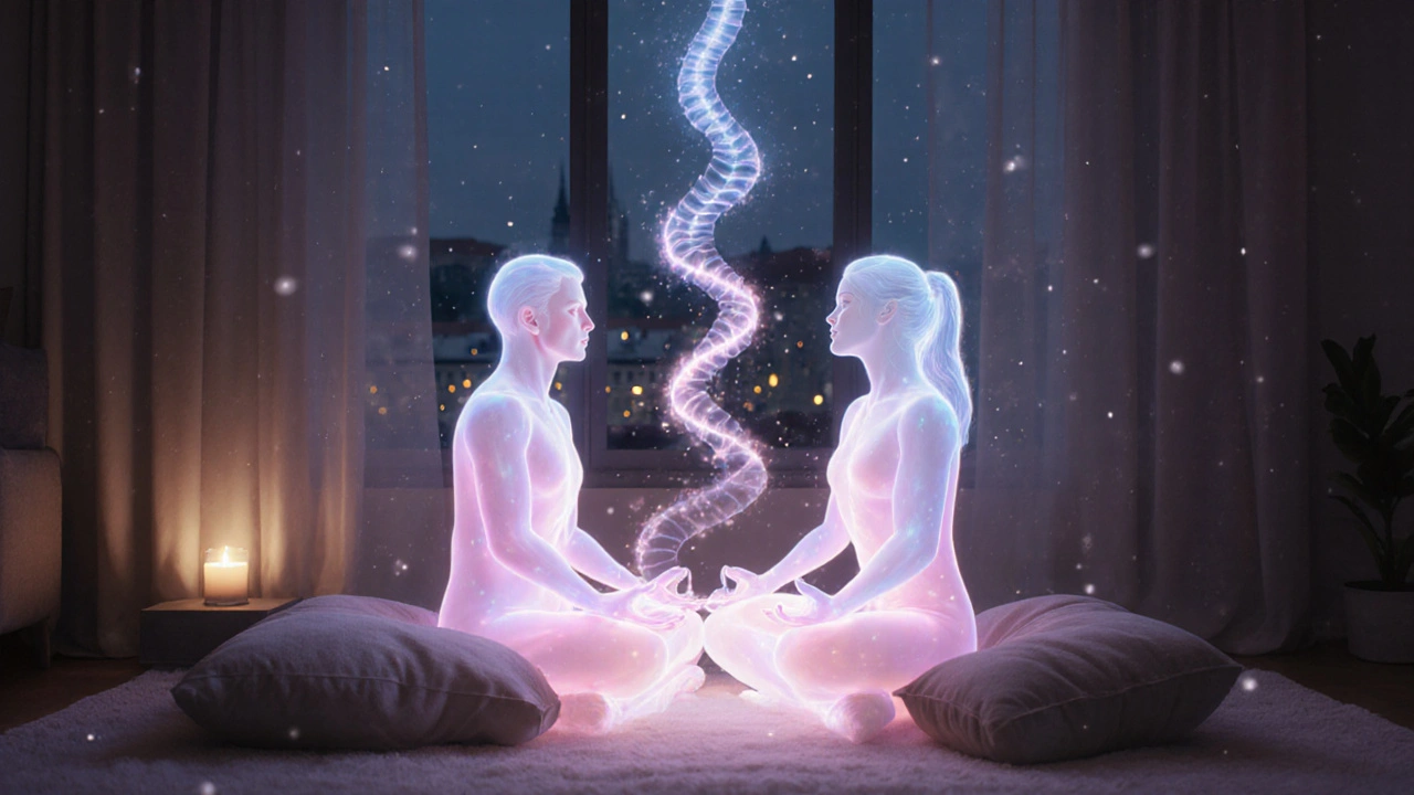 Pár provádí společné dechové cvičení, jejich aury se proplétají a zvedá se svitá kundalini spirála.