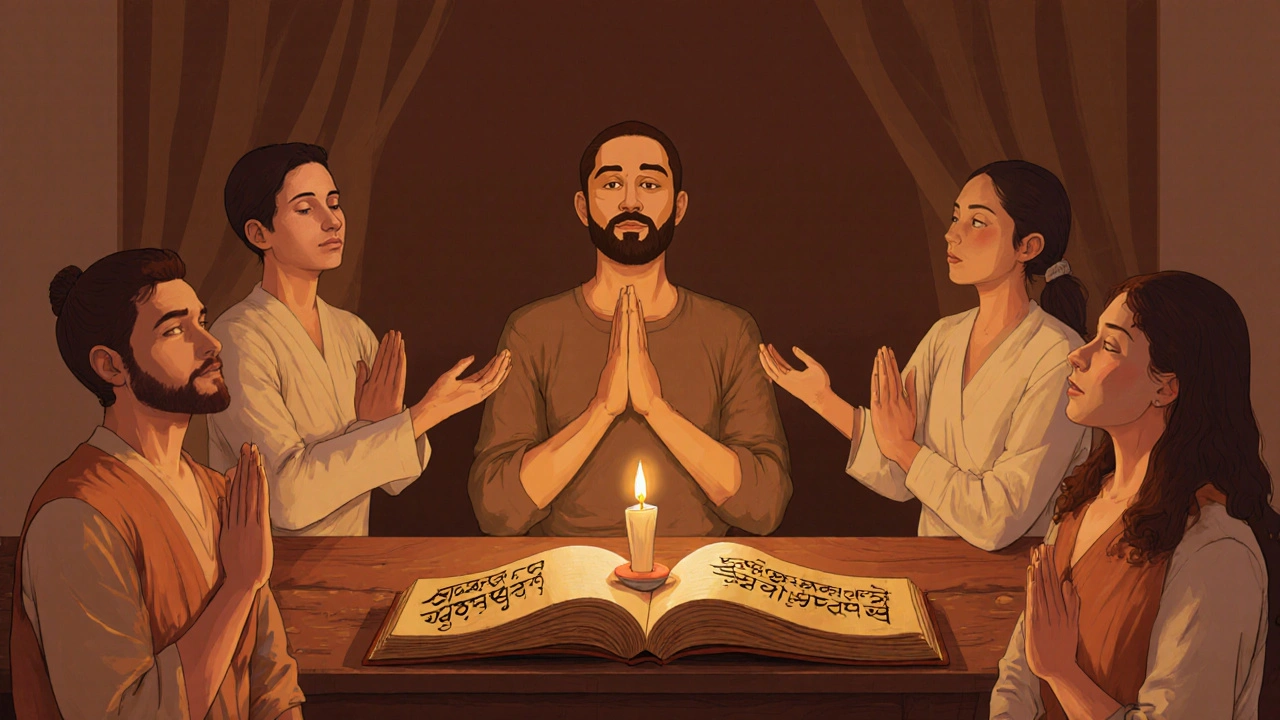 Skupina praktikuje dechové cvičení a jógu v klidném prostředí bez nahoty.