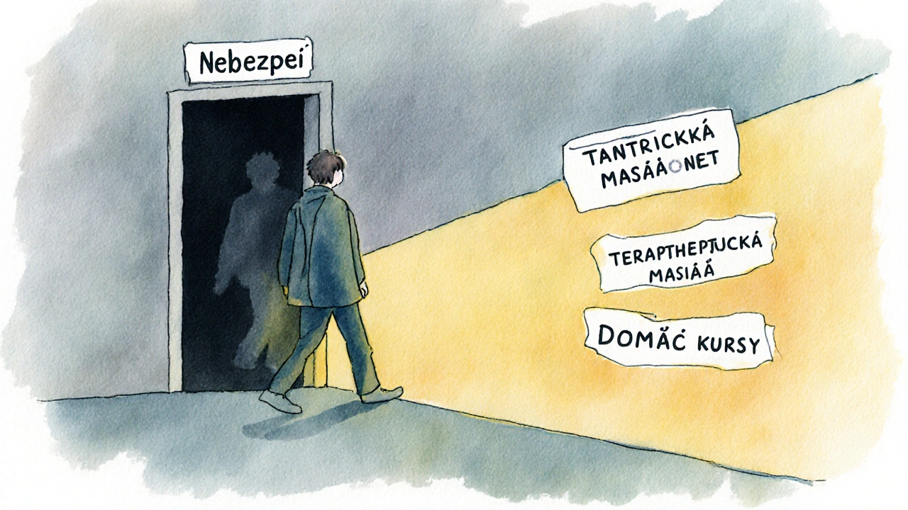 Člověk opouští nebezpečnou situaci a směřuje k bezpečným alternativám masáže v symbolické, mírné vodové barvě.