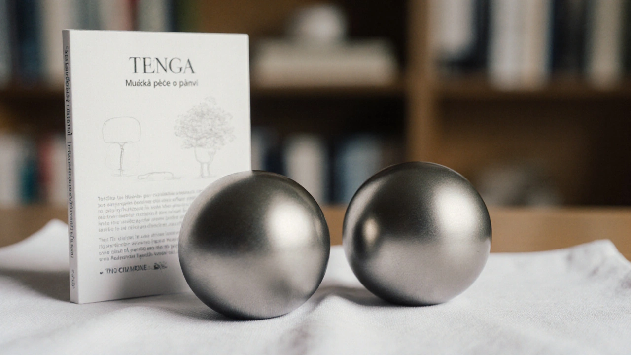 Dvě polévané kovové kuličky Tenga leží na bílém látkovém povrchu vedle informačního letáku o mužském zdraví.