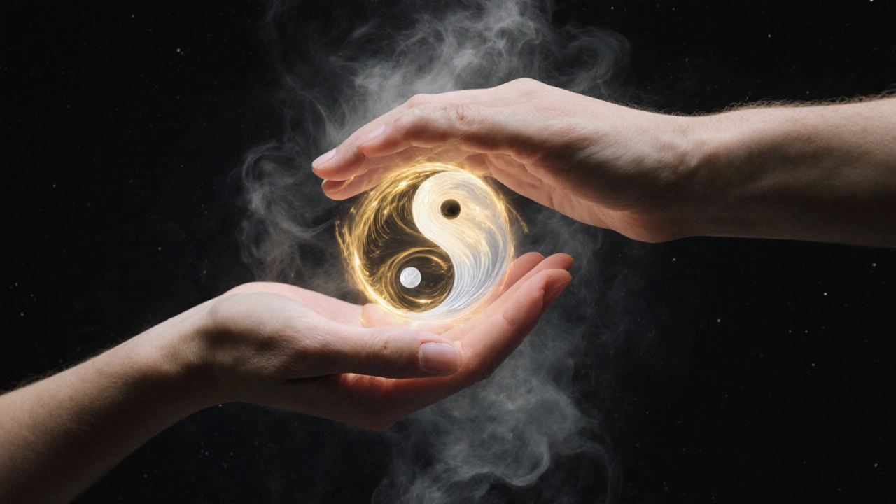 Dvě ruce se dotýkají, mezi nimi proudí spojení zlaté a stříbrné energie.