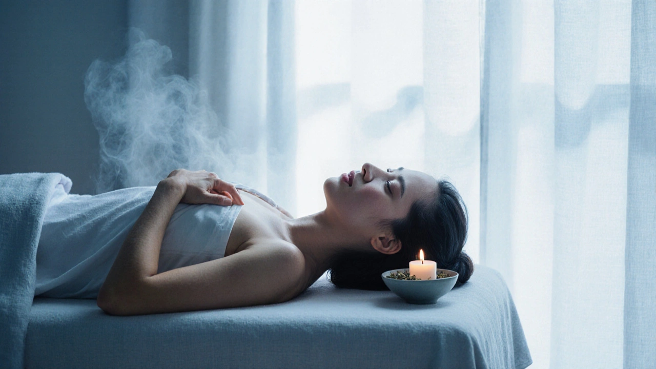 Klient po masáži klidně odpočívá v tichém prostředí.