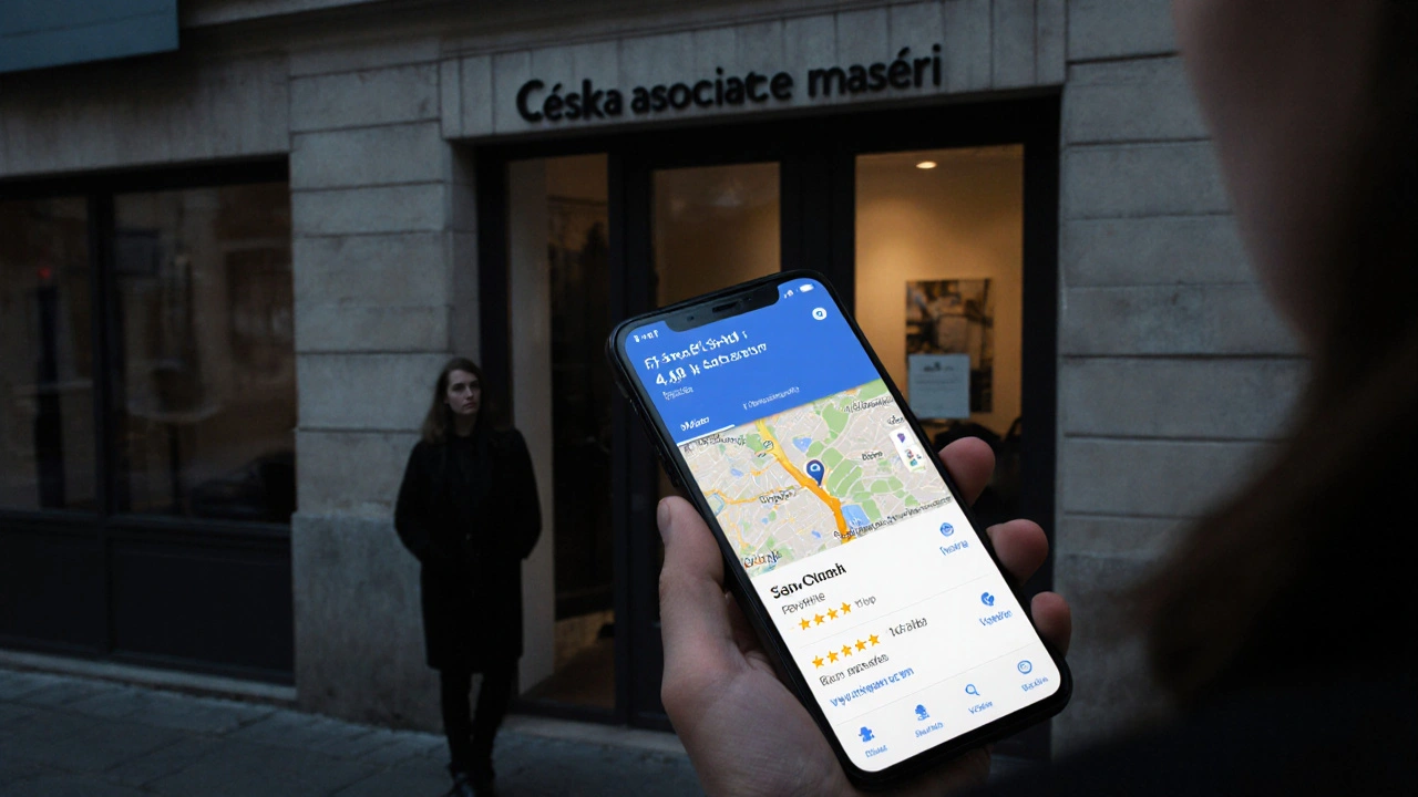 Osoba kontroluje ověřenou adresu a hodnocení salónu na smartphone před vstupem do legitimního wellness centra.