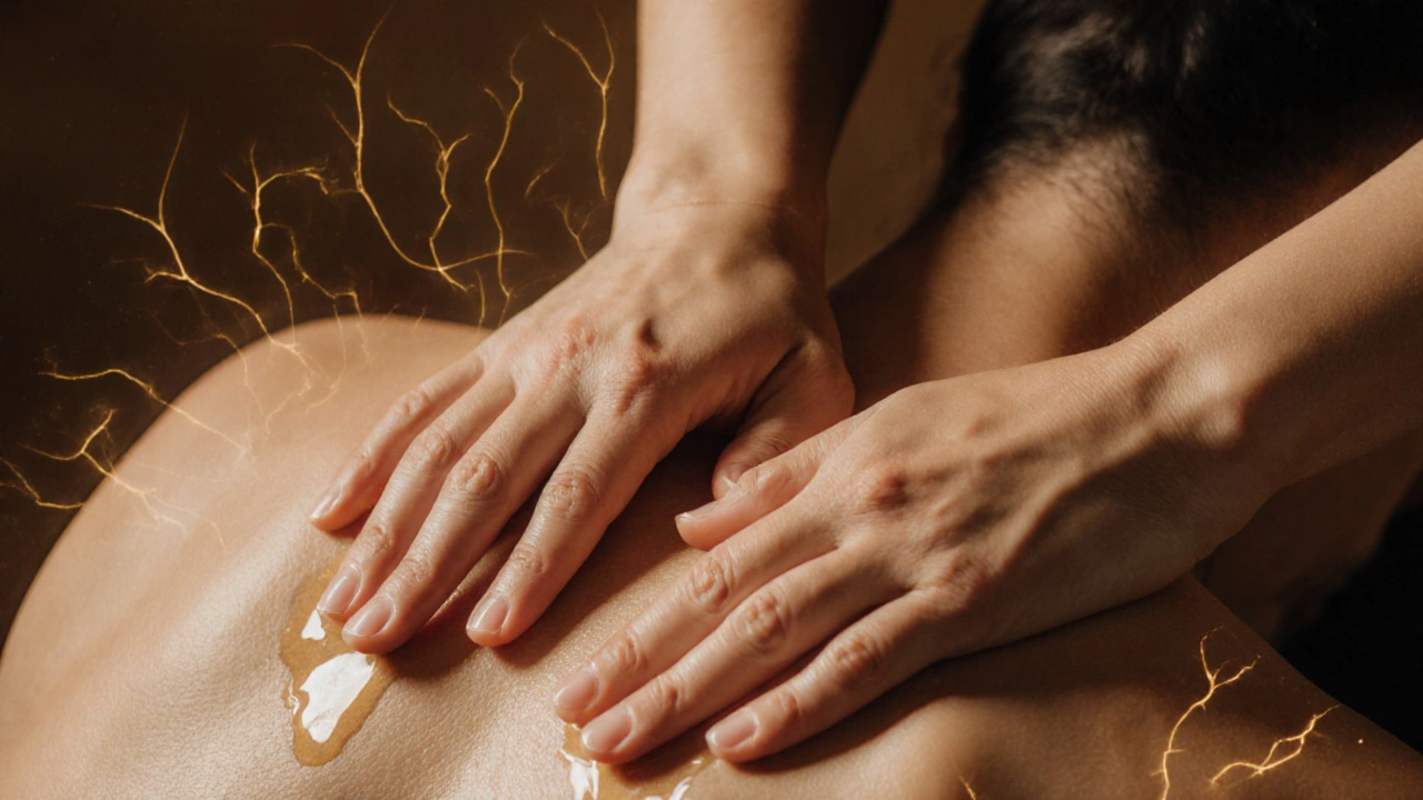 Pomalé, vědomé doteky během tantrické masáže na zádech.