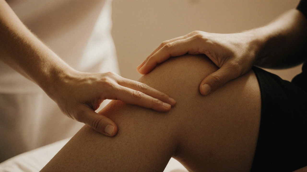Ruce terapeuta a klientky se dotýkají jemně na stehně v tichém prostředí.