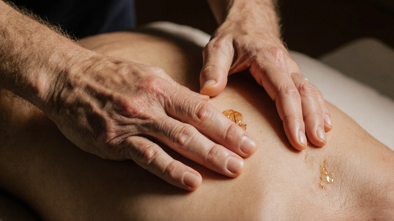 Ruce terapeuta jemně podporují penis při technice &#039;Padající listí&#039; s minimálním tlakem.