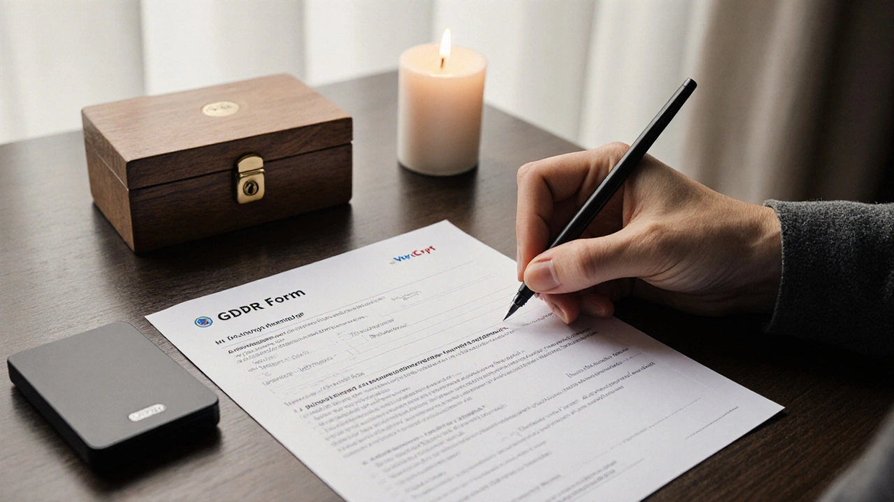 Ruka klienta podepisující písemný souhlas o ochraně dat s šifrovaným úložištěm na pozadí.