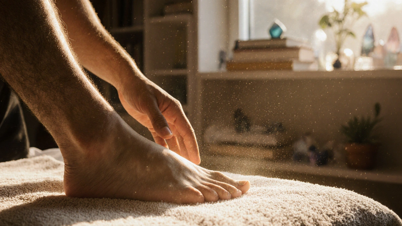 Ruka terapeutky se blíží k noze muže, chvíle napětí a důvěry, teplé světlo, tichý prostor.