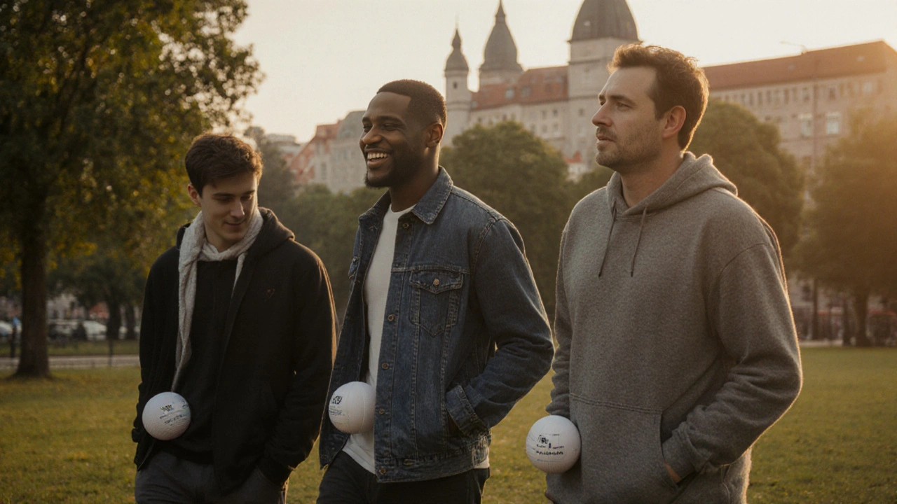 Tři muži různých věků klidně procházejí pražským parkem, nosíce kuličky Tenga jako součást denní péče o tělo.