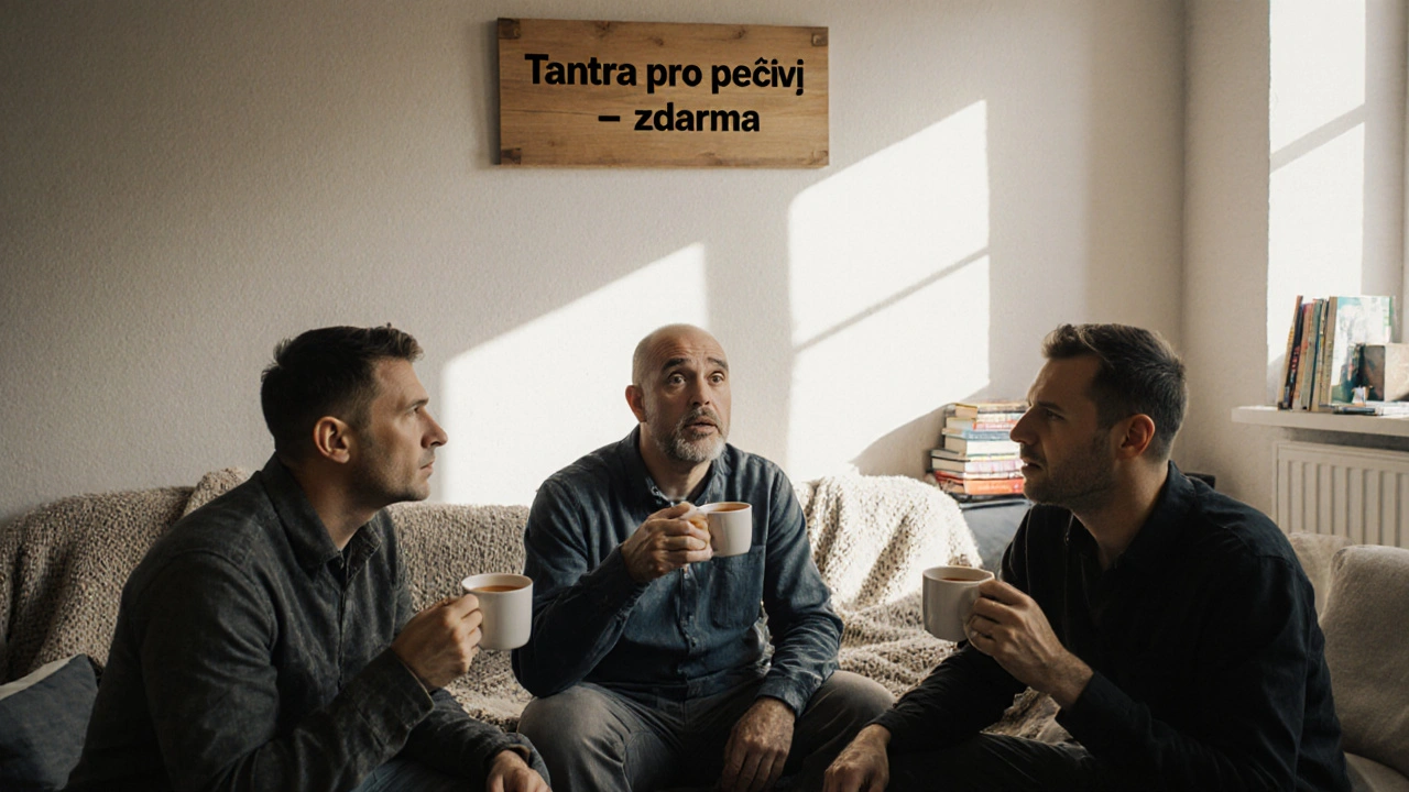 Tři muži sedí v kruhu s čajem, tichá podpora, značka zdarma terapie na zdi, klidná atmosféra.