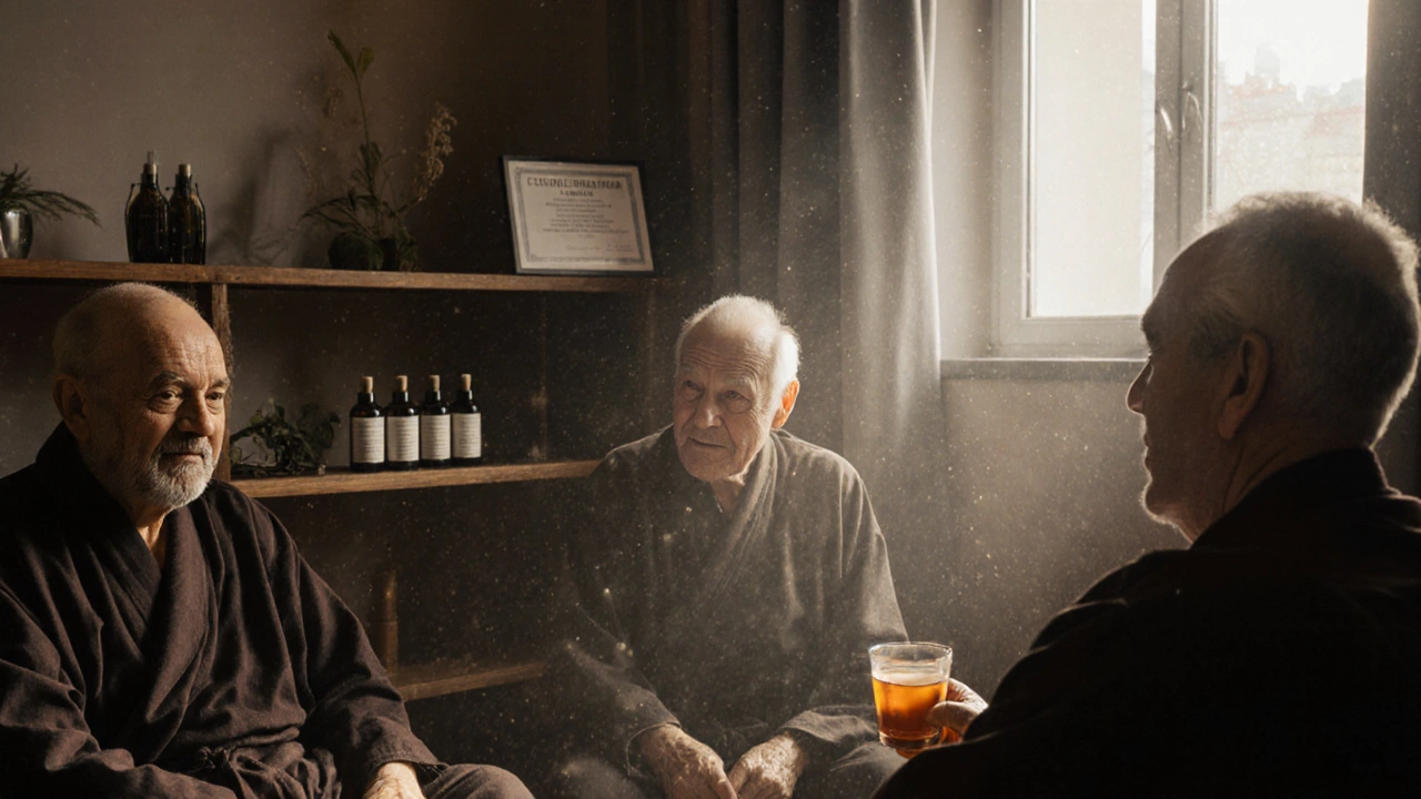 Tři starší muži se po sezení uvolněně usadili v wellness centru, pijí bylinkový čaj.