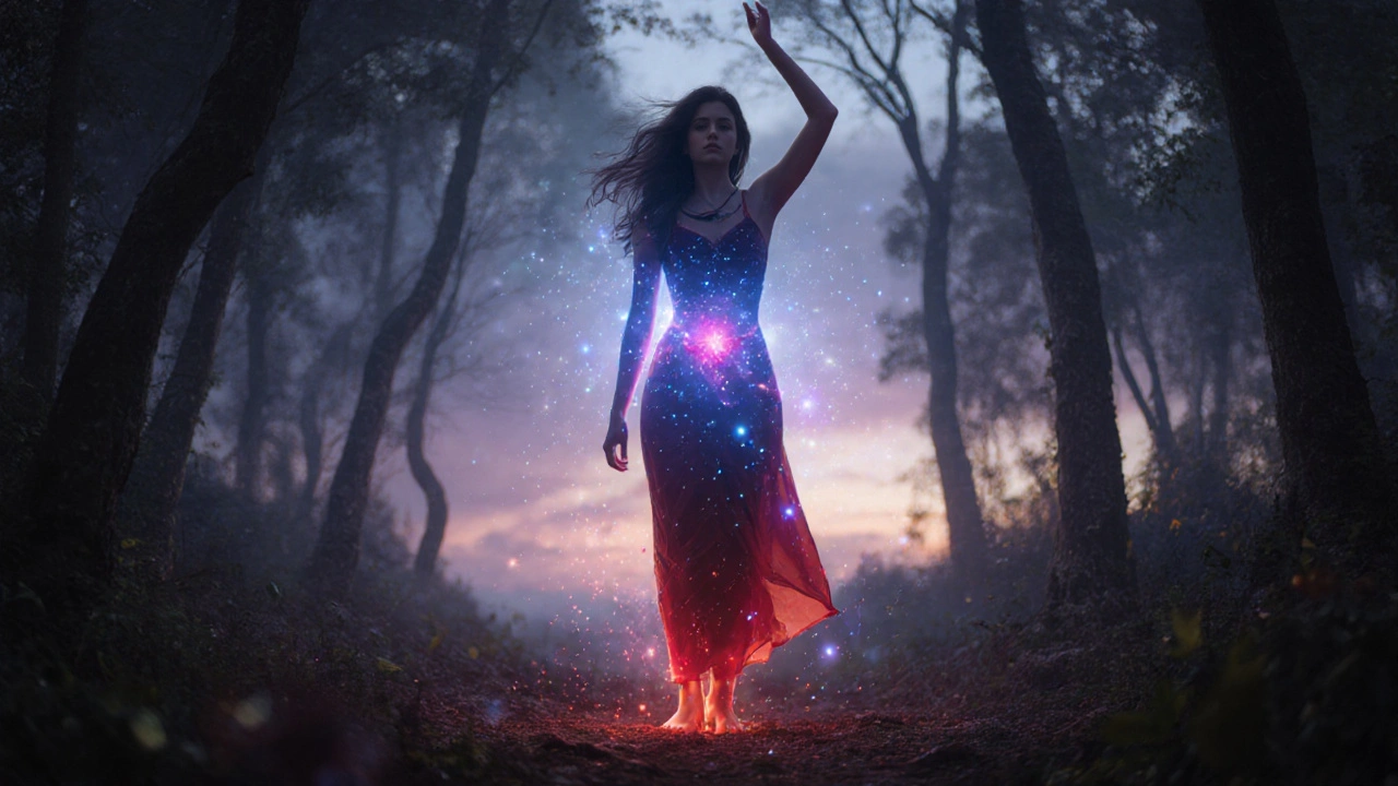 Žena stojící v lese, její tělo září energií z břicha a pánve.