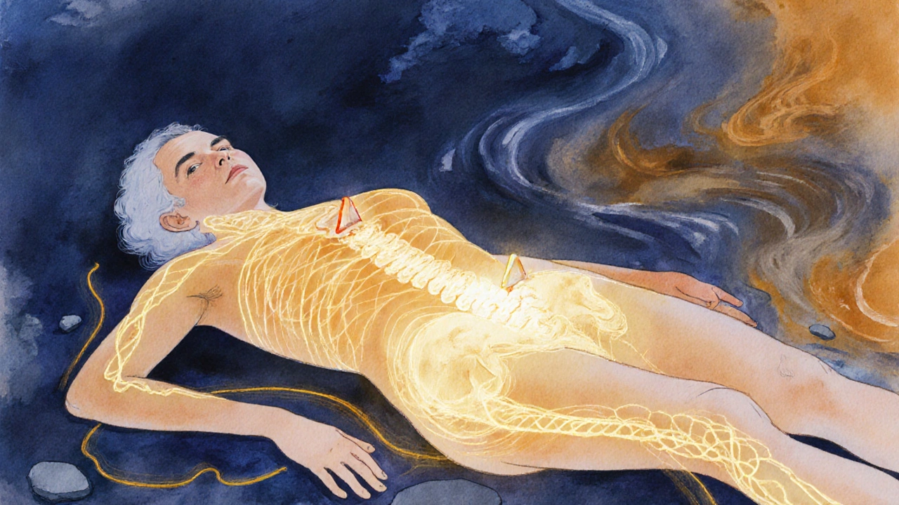 Zlatá energetická cesta teče po bocích těla kolem středové osy, symbolizující jemné přesuny prány bez přímého tlaku.