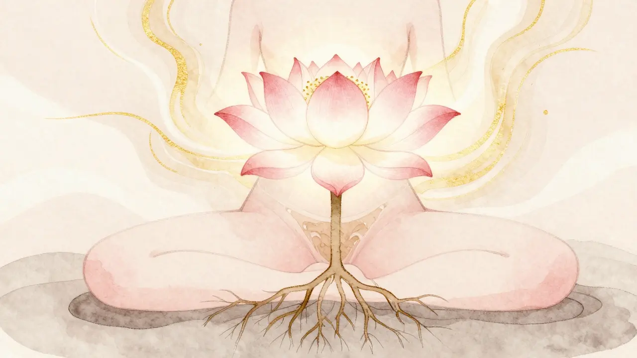 Abstraktní ilustrace těla jako kvetoucího lotosu, symbolizujícího pomalé otevírání a přijetí vlastního těla bez cíle.