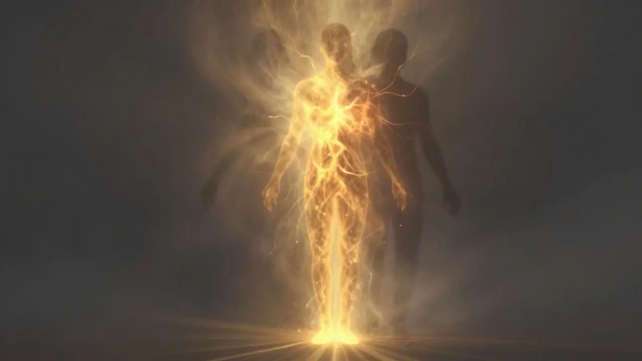 Abstraktní silueta těla vyzařující zlatou energii, která proudí z nohou k hlavě, symbolizující vnitřní uvolnění.