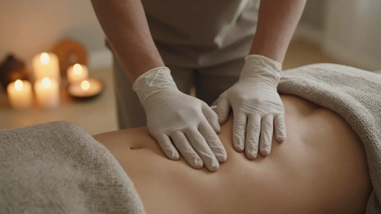 Čisté ruce terapeuty v rukavicích klidně pokrývají břicho klienta během tantrické masáže.
