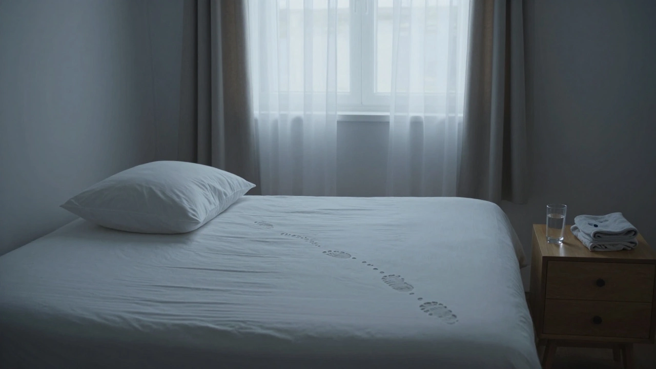 Prázdná ložnice na ranním světle, stopy po intimitě bez slov.