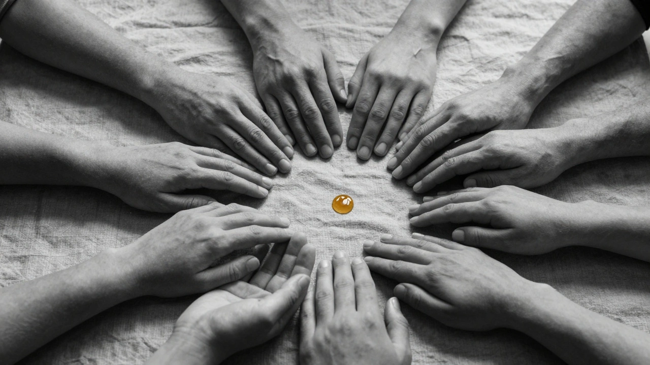 Ruce různých těl leží na stejné texturované látkě, symbolizující spojení a hojení.