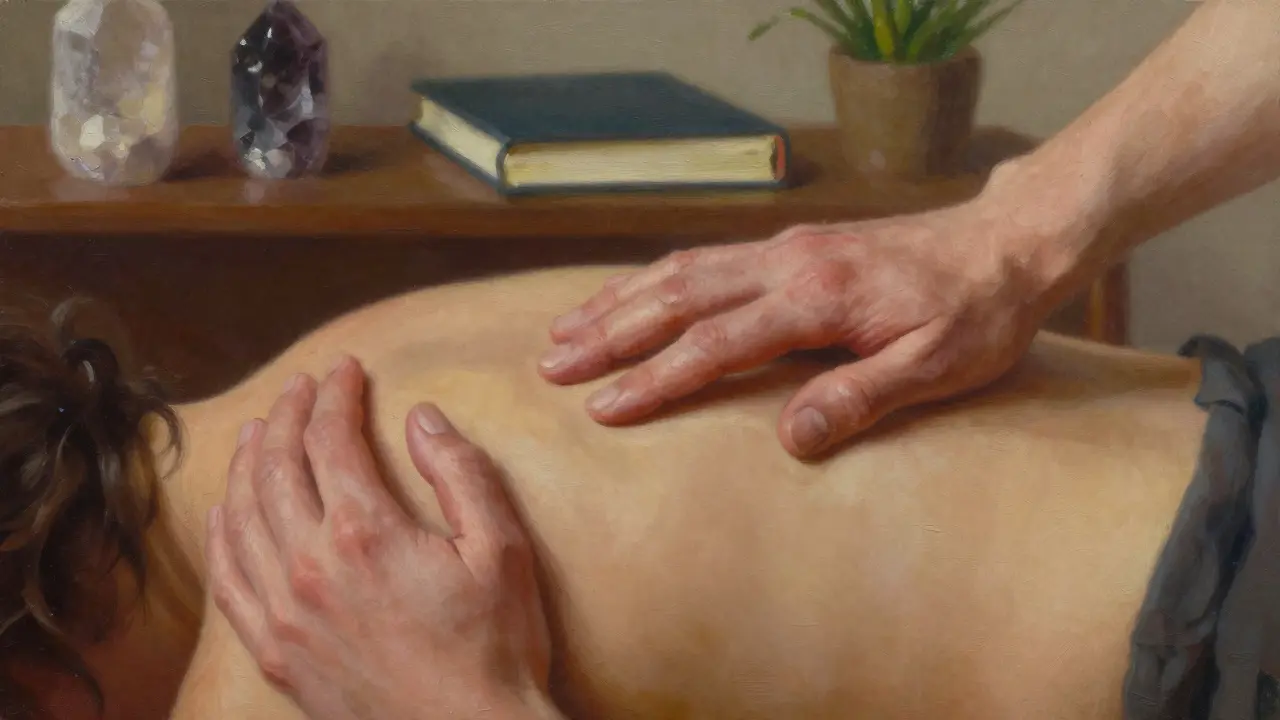 Ruce ženy a terapeuty se dotýkají jemně na zádech, světlo zdůrazňuje důvěru a návrat k tělu.