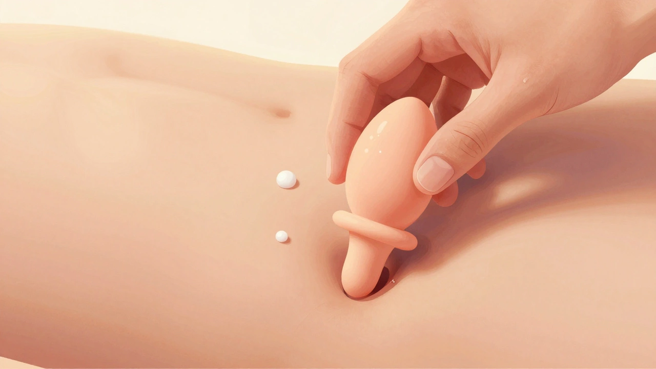 Ruka jemně vkládá malý anální kolík s vodní lubrikací, důraz na bezpečnost a jemnost.