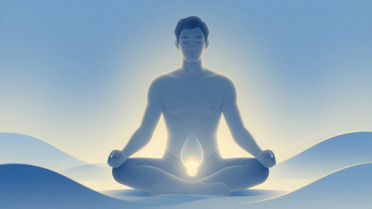 Symbolická představa prostaty jako zářícího světla v těle, znázorňující zlepšený krevní oběh a uvolnění.