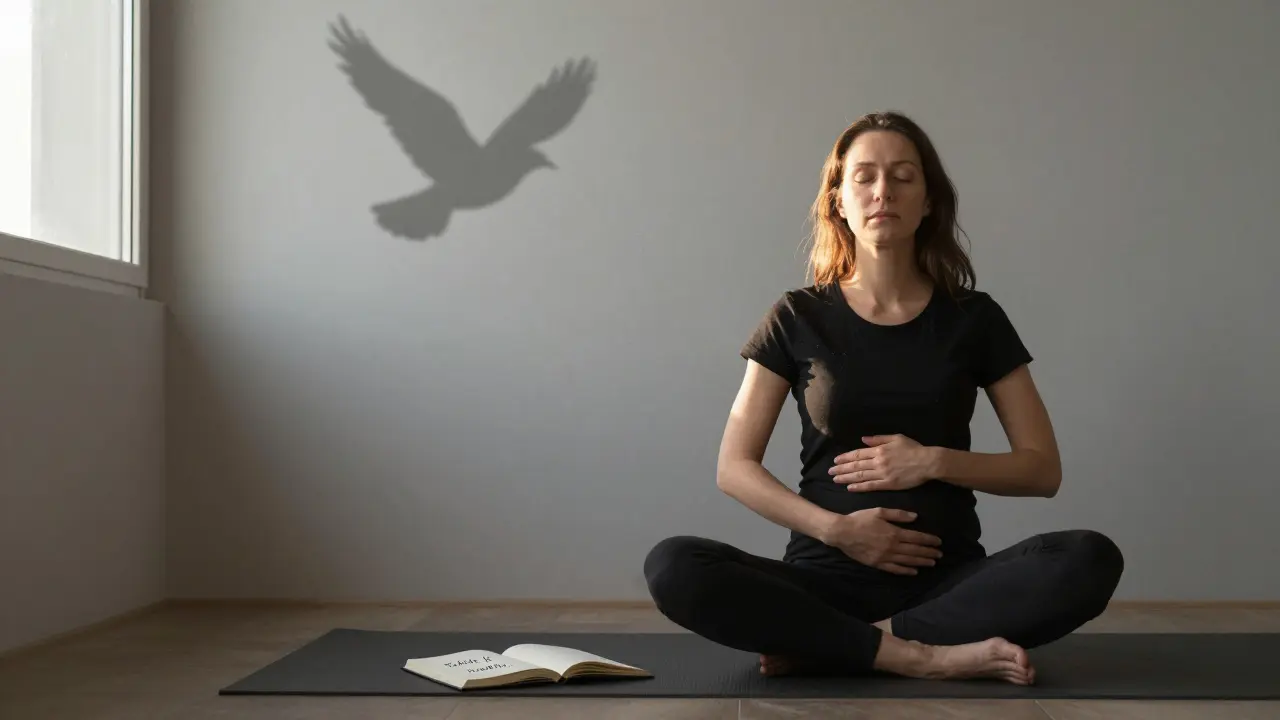 Žena sedí na podlaze ráno s rukama na břiše, slunce osvětluje její klidný dýchací pohyb.