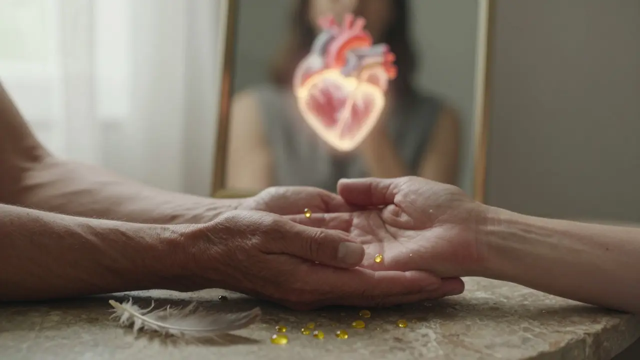 Dvě ruce se dotýkají na kameni, za nimi zrcadlo odrazí místo těla svítící srdce.