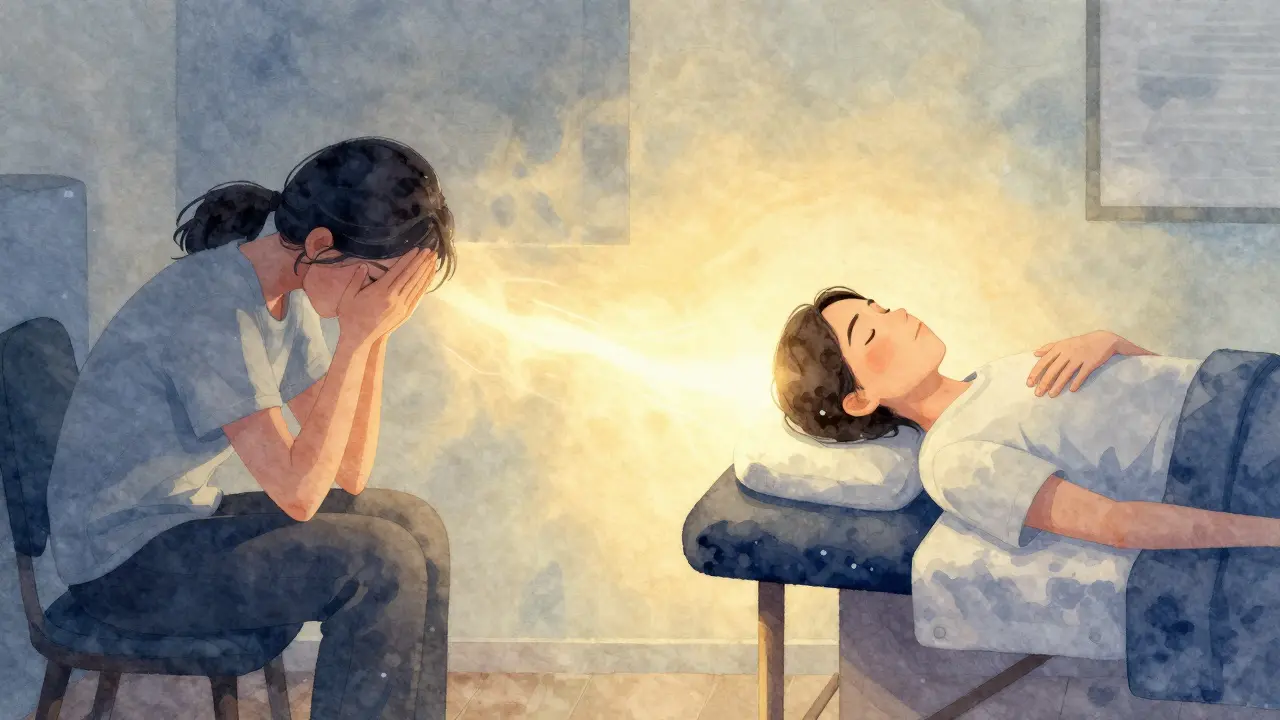 Dvě scény: jedna s úzkostí, druhá s klidem — spojené světlem přeměny těla a mysli.