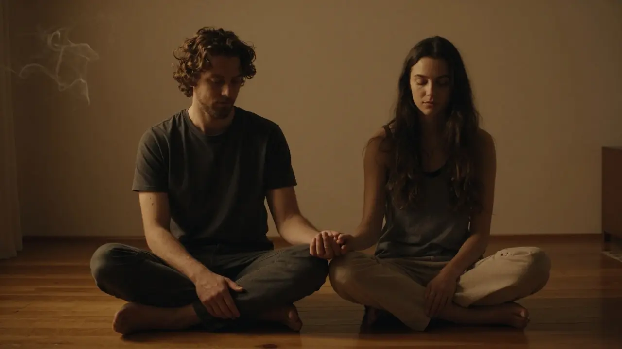 Dvojice klidně sedí, drží se za ruce, bez fyzického kontaktu, v atmosféře důvěry a spojení.