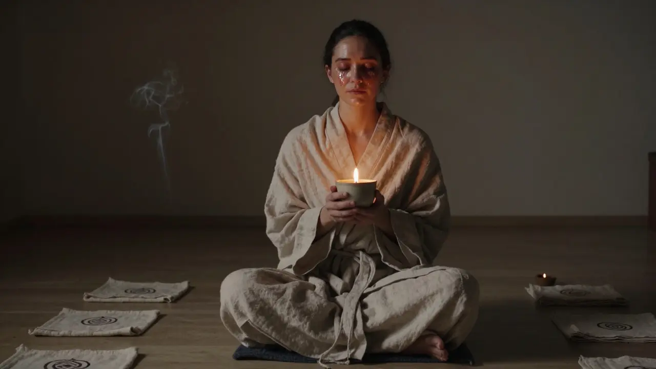 Osoba po masáži drží kávu, oči zavřené, slzy na tváři, klidná atmosféra.