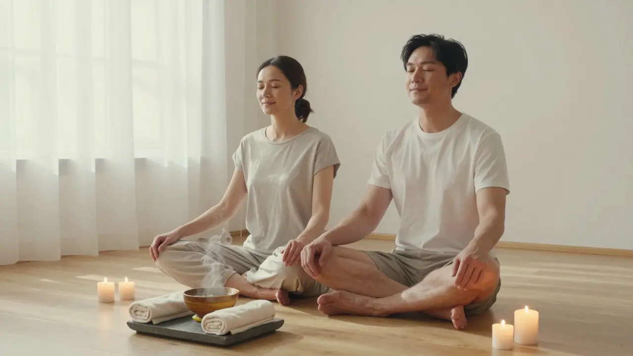 Pár se společně uvolňuje v klidné domácí atmosféře s olejem, svíčkami a synchronizovaným dechem.