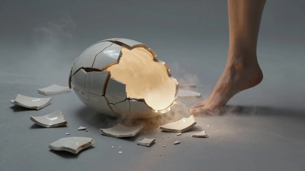 Rozbitá brnění se rozpadá, z něj vyzařuje světlo, symbol uvolnění emocí.