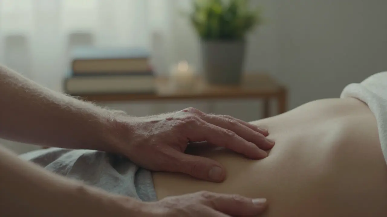 Ruce se dotýkají břicha v tichém prostředí, jemné světlo a klidná atmosféra.