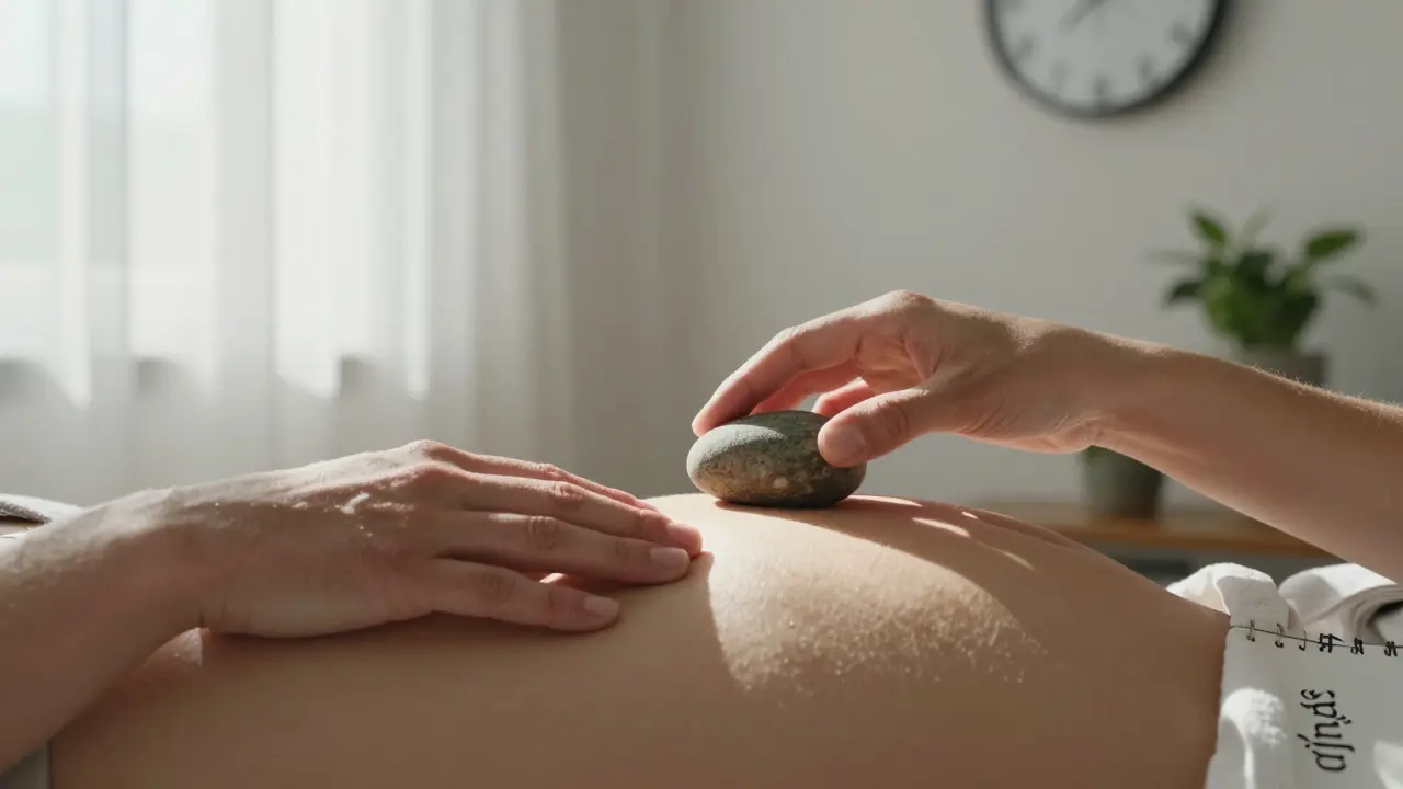 Ruka klidně leží na břiše, drží kámen, sluneční světlo osvětluje klidnou chvíli sebe-přijetí.