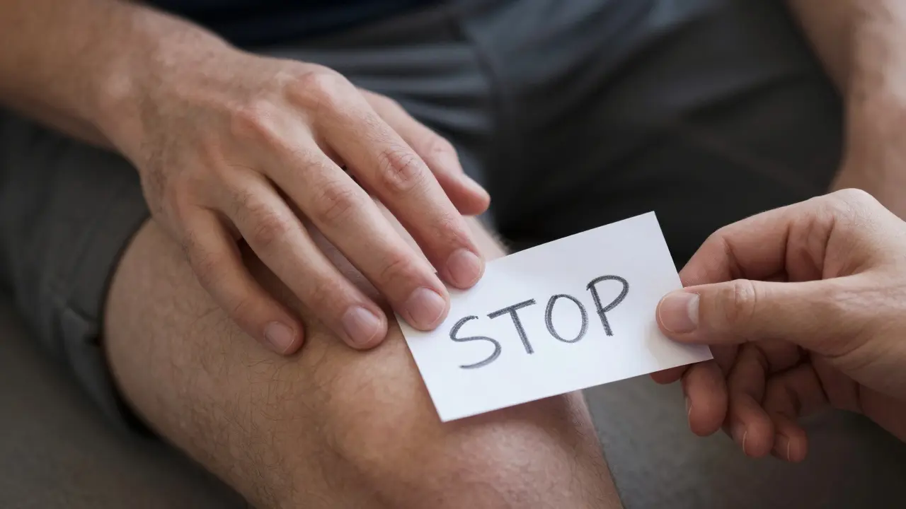 Ruka se blíží ke stehnu, ale nedotýká se, na pozadí je list s nápisem 'STOP'.