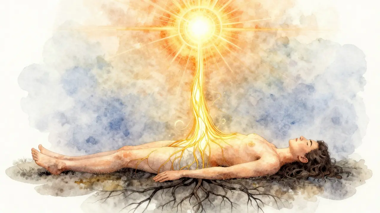 Symbolický tok energie z dolní části těla do srdce, s kořeny vedoucími do země, v jemných vodových barvách.