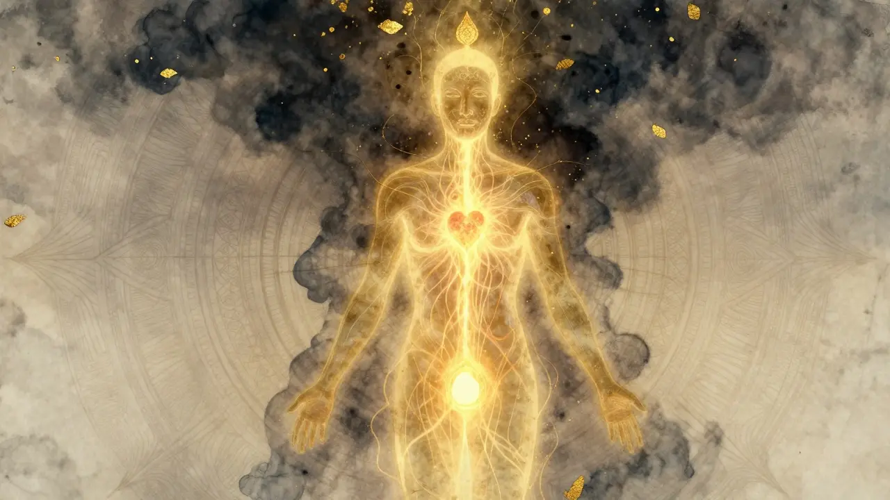 Zlatá energie proudí z dolní části těla k hlavě, rozptyluje tmavé stíny a přeměňuje je na světlo.