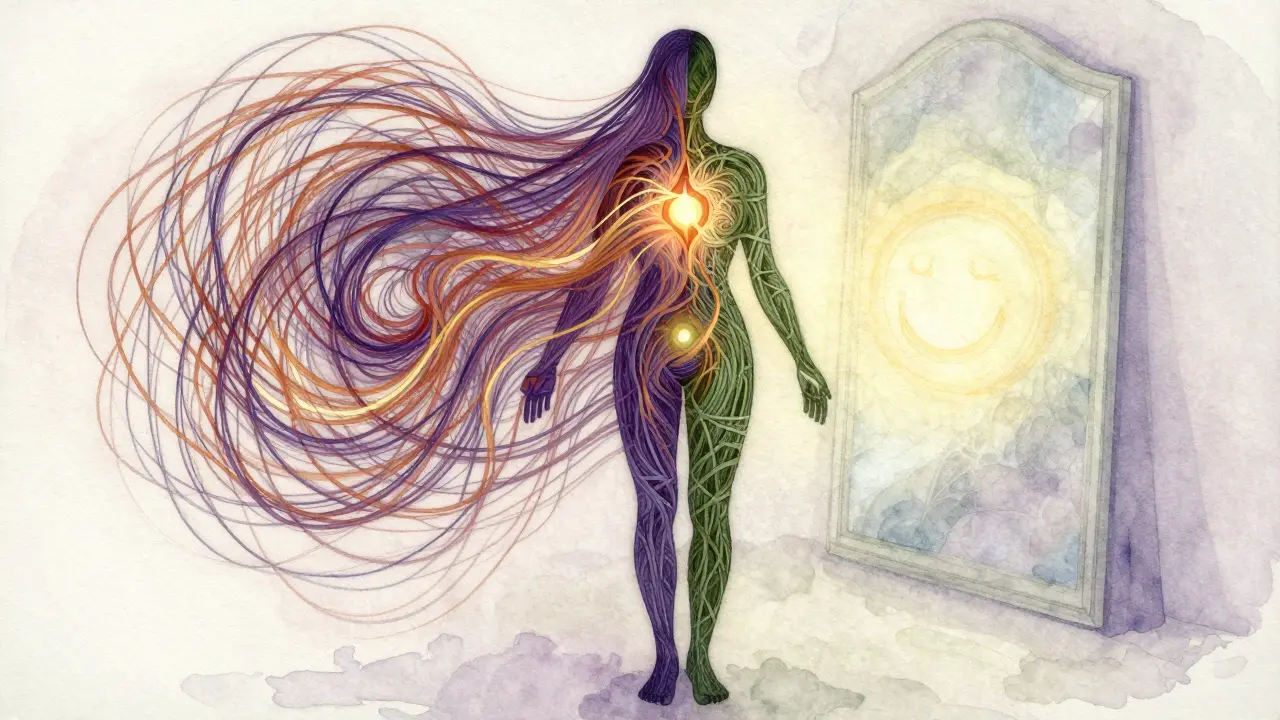 Abstraktní ilustrace těla jako tkaniny spojující tělo, mysl a duch.