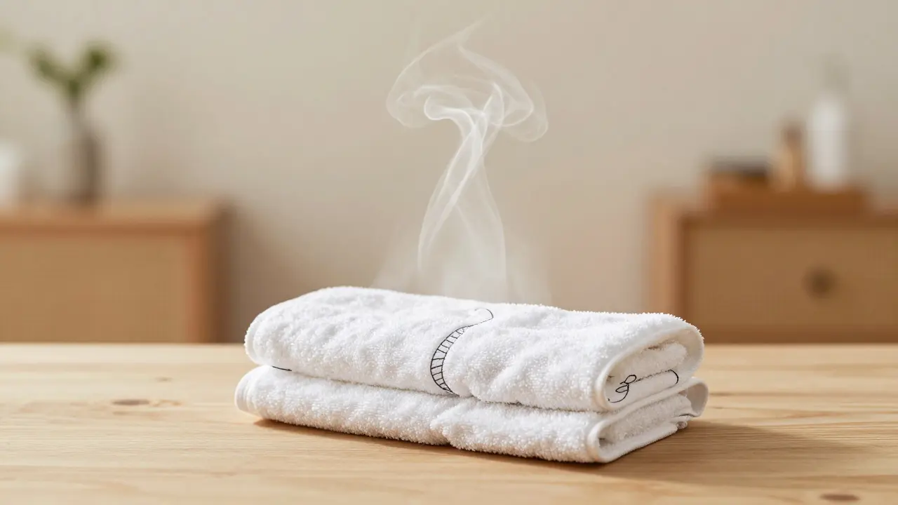 Horké ručníky s výparou na dřevěné desce v klidné místnosti.