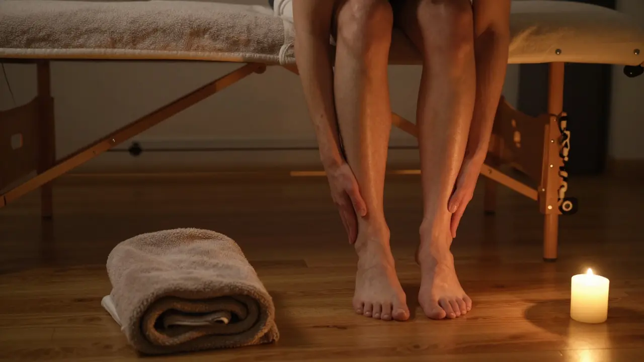 Osoba sedí na kraji masážního stolu, dívá se na chodidla, která se dotýkají podlahy, v pozadí teplá přikrývka.