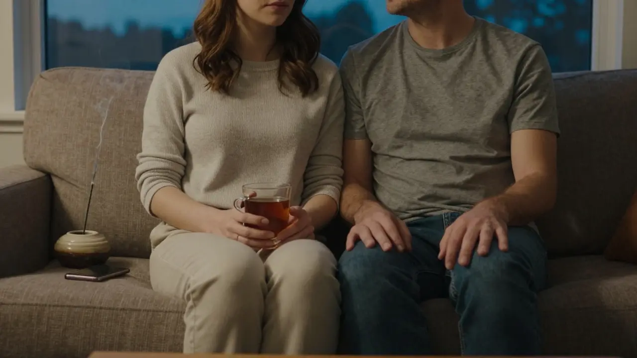 Pár sedí na pohovce po masáži, tichy dotek, telefon na podlaze, klidná atmosféra večera.