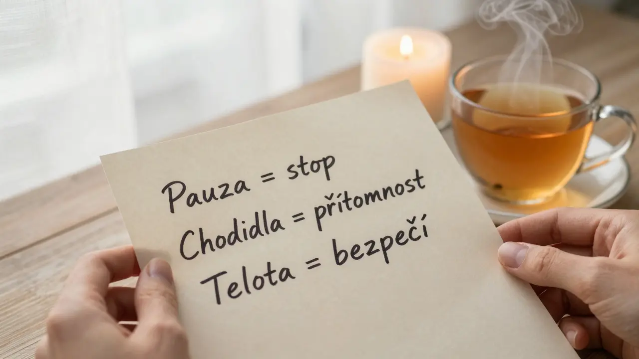 Písemný plán bezpečnosti s větami 'Pauza', 'Chodidla', 'Teplota' leží vedle čaje a svíčky.