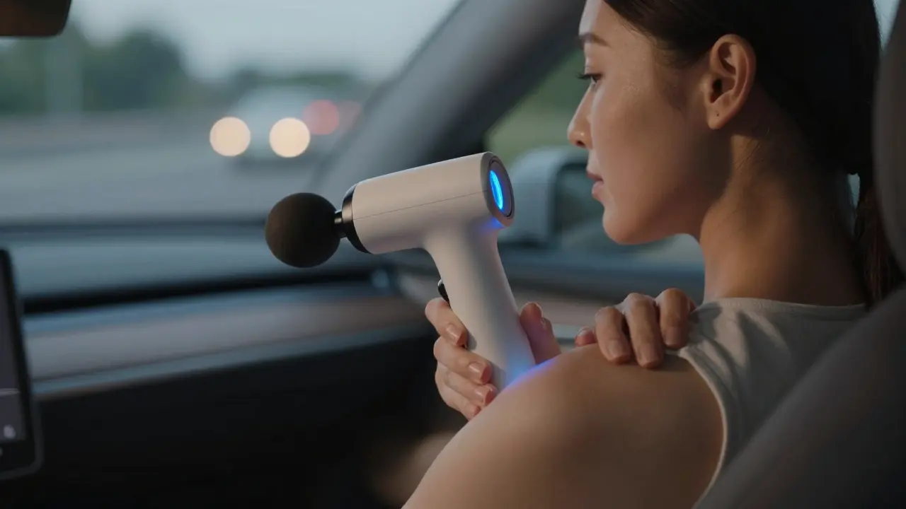 Žena jemně masíruje partnerovi ramena přenosným vibracím masážním přístrojem s dlouhou rukojetí.