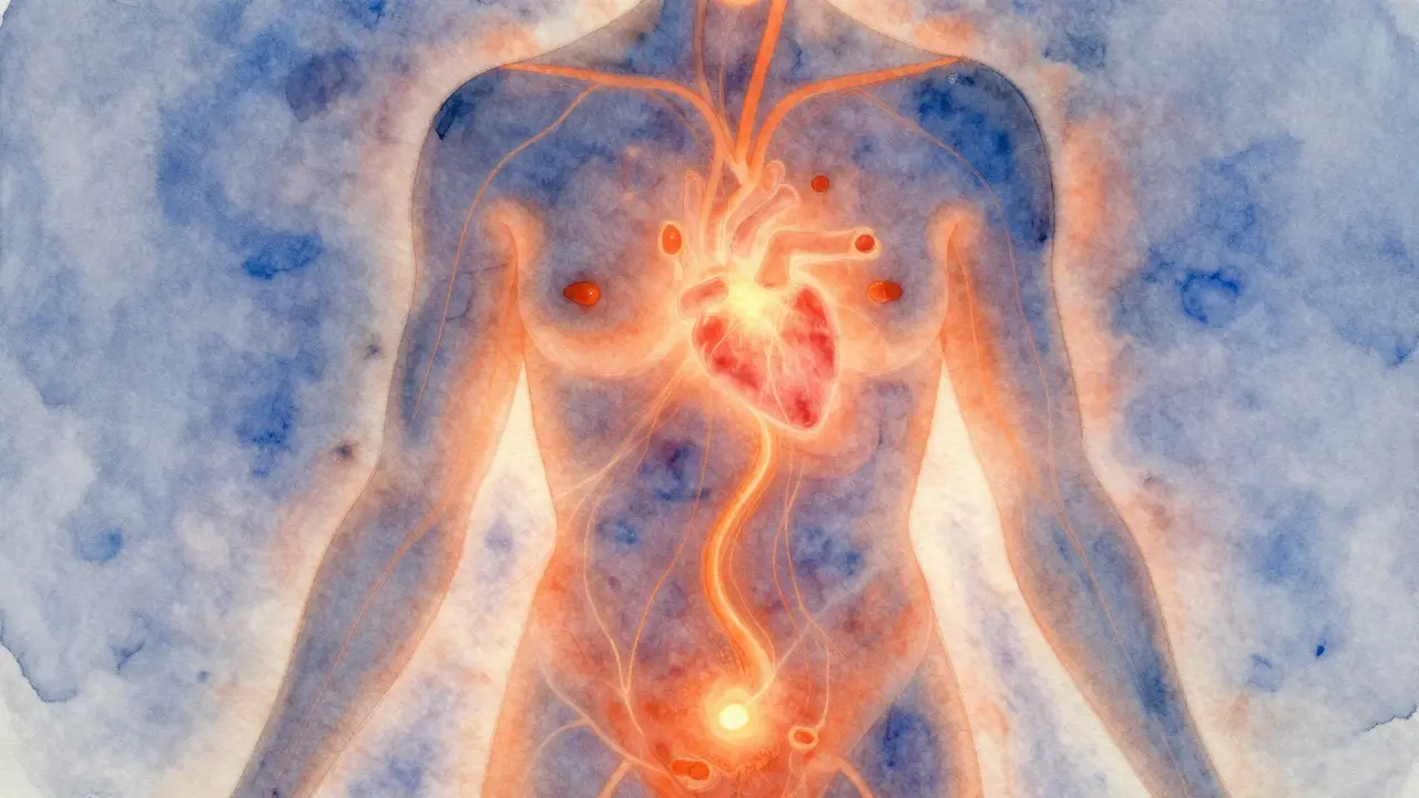 Abstraktní znázornění lidského těla s teply teplé energie, které uvolňují stres z klíčních kostí a pánve.