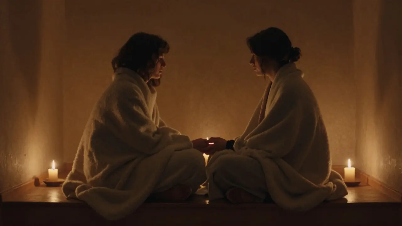 Dva lidé komunikující před začátkem relaxace v teple.