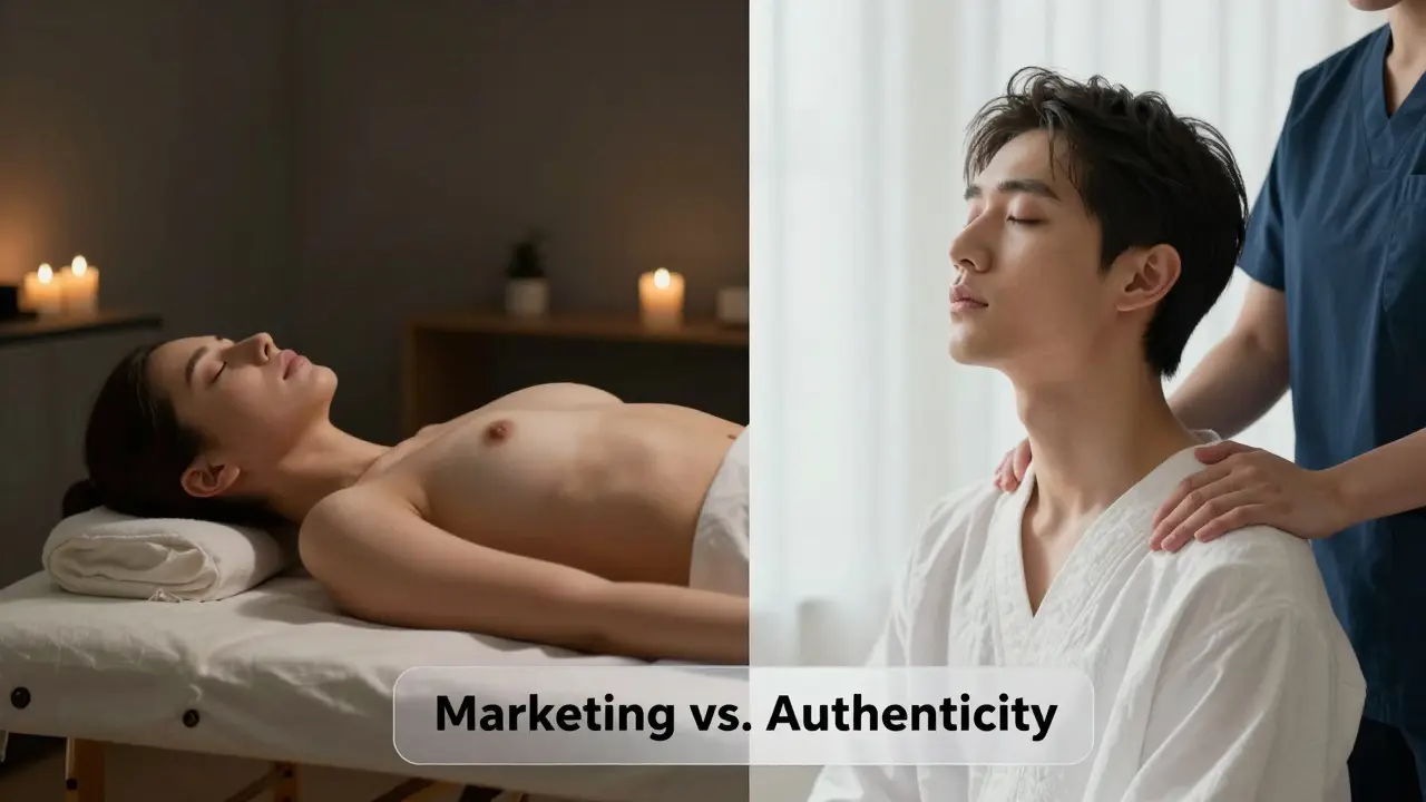 Dva scénáře vedle sebe: jedna strana ukazuje erotickou masáž, druhá autentickou tantrickou masáž s důrazem na dech a hranice.