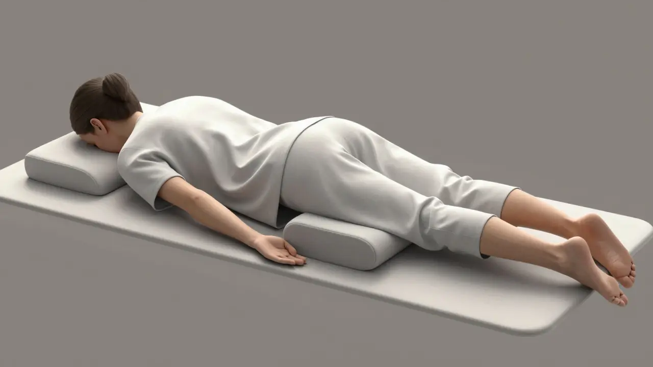 Relaxační ležení s podporou kříže a hlavy na polštářích.