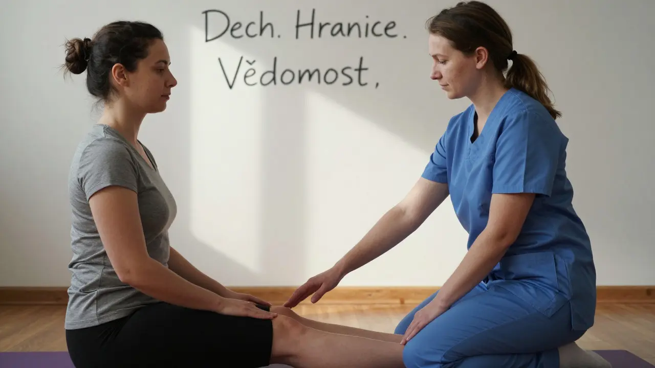 Terapeutka vedoucí klienta k zakořenění, ruka nekouká na tělo, prostředí je profesionální a bezpečné.